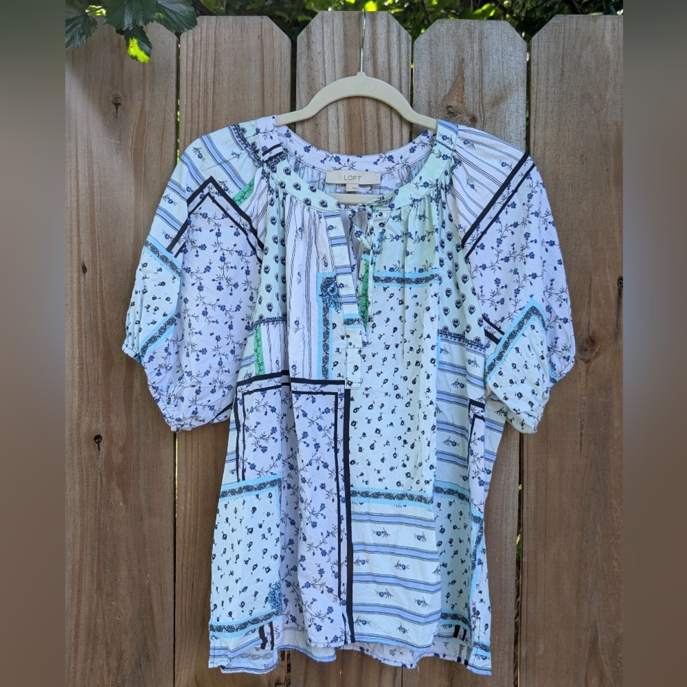 LOFT Mint Green Blue Floral Patchwork Patterned Puff Sleeve Blouse